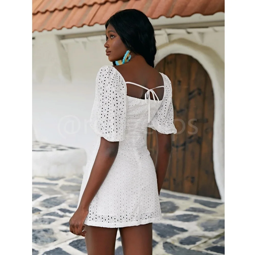 White Mini Dress Eyelet Embroidery Short Puff Sleeves Sweetheart Neckline - Picture 2 of 6
